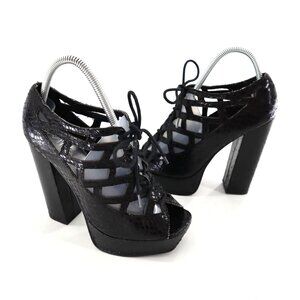 Mia Gilly Platform Heels Womens 8M Black Y2K Strappy Snakeskin Edgy Clubbing 90s
